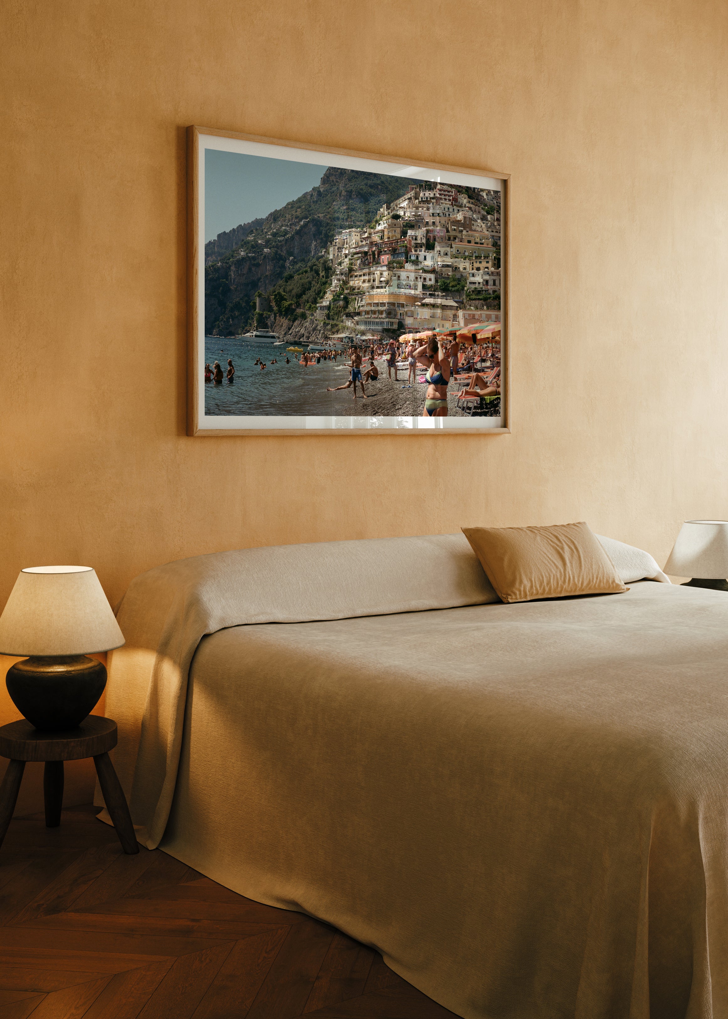 Sara's 'Life. Positano.' print framed in an aesthetic bedroom.