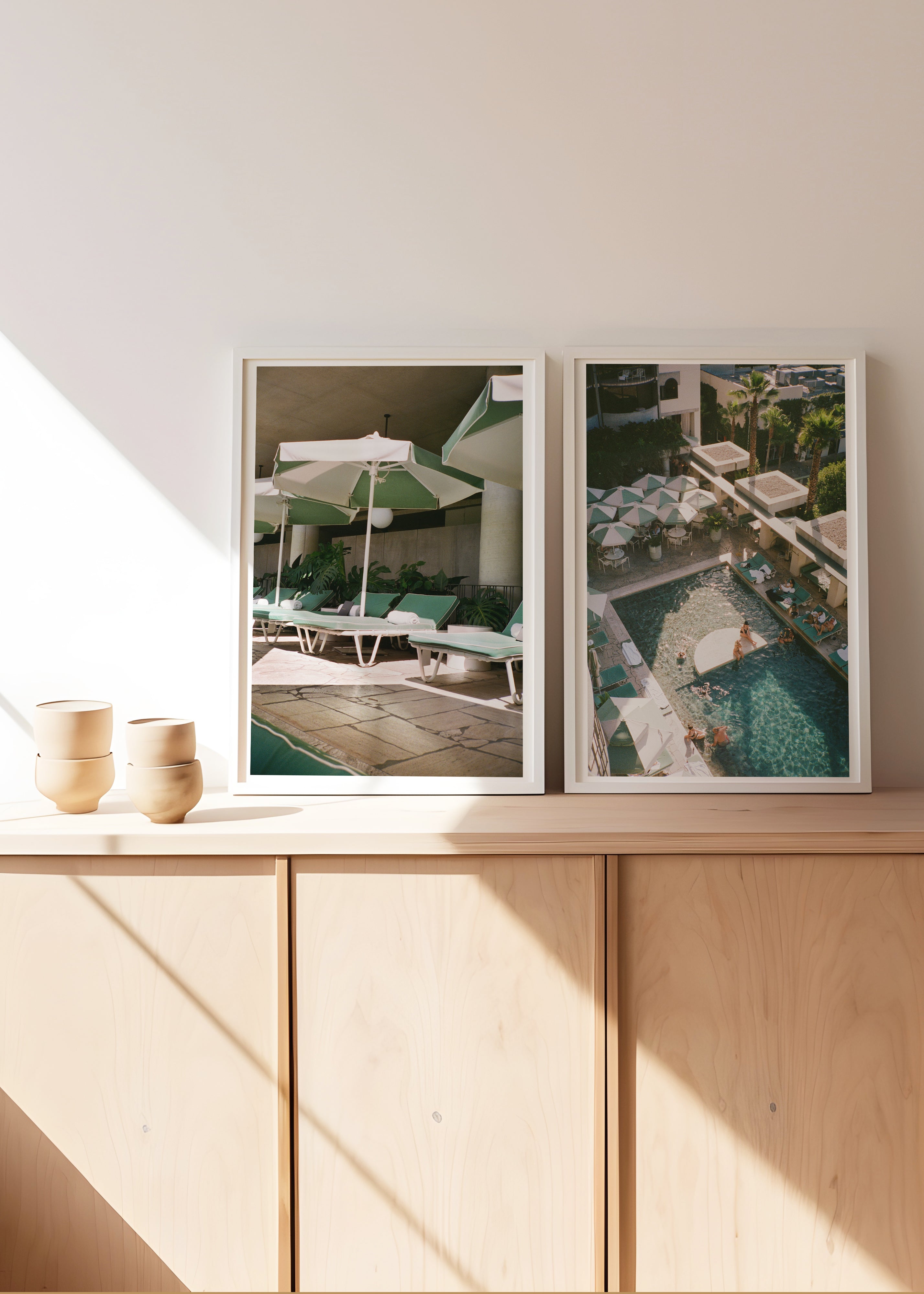 Sara's 'Poolside Calile' + 'Calile Hotel' print in an aesthetic hallway.