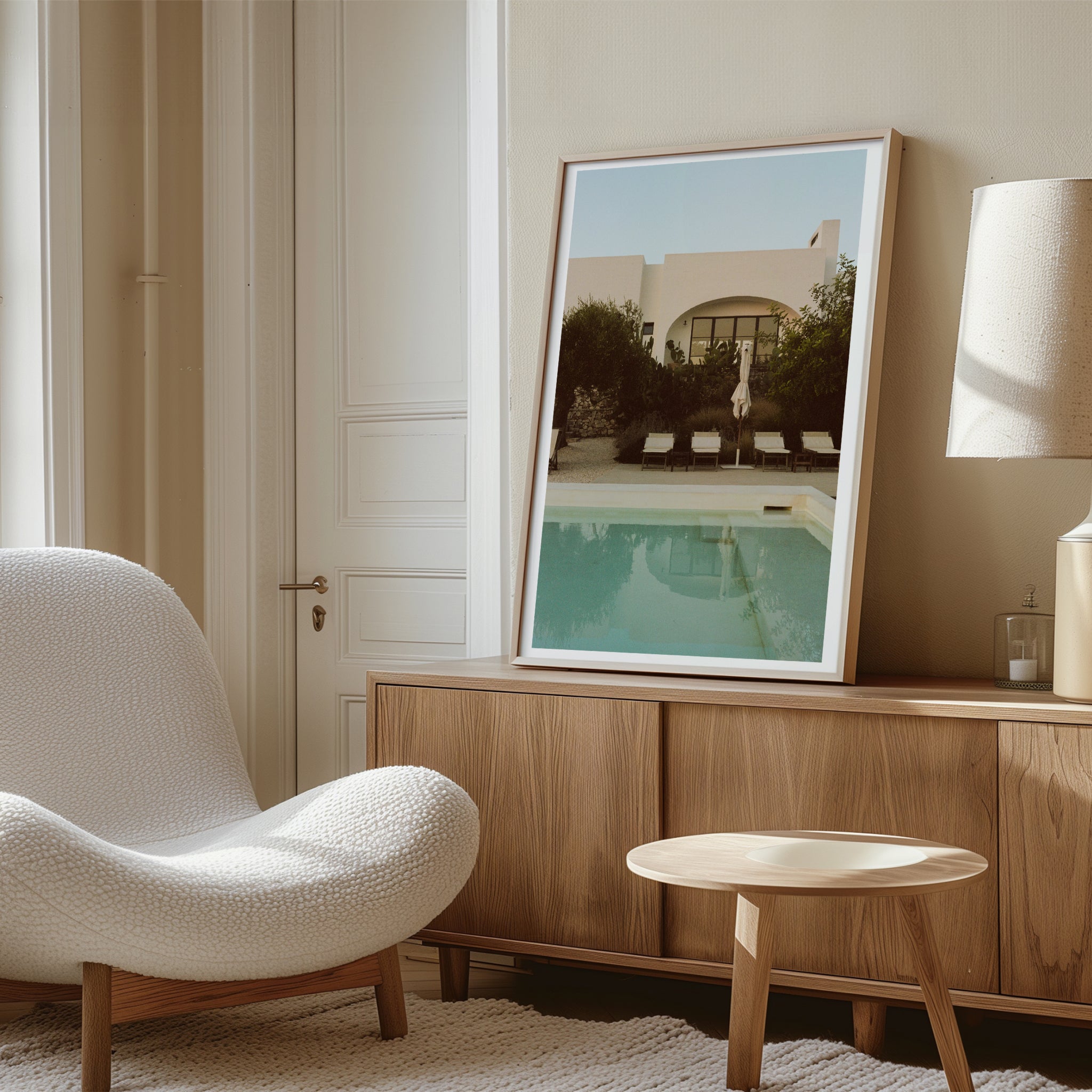 Sara's 'Puglia Dream' print framed in an aesthetic living room.