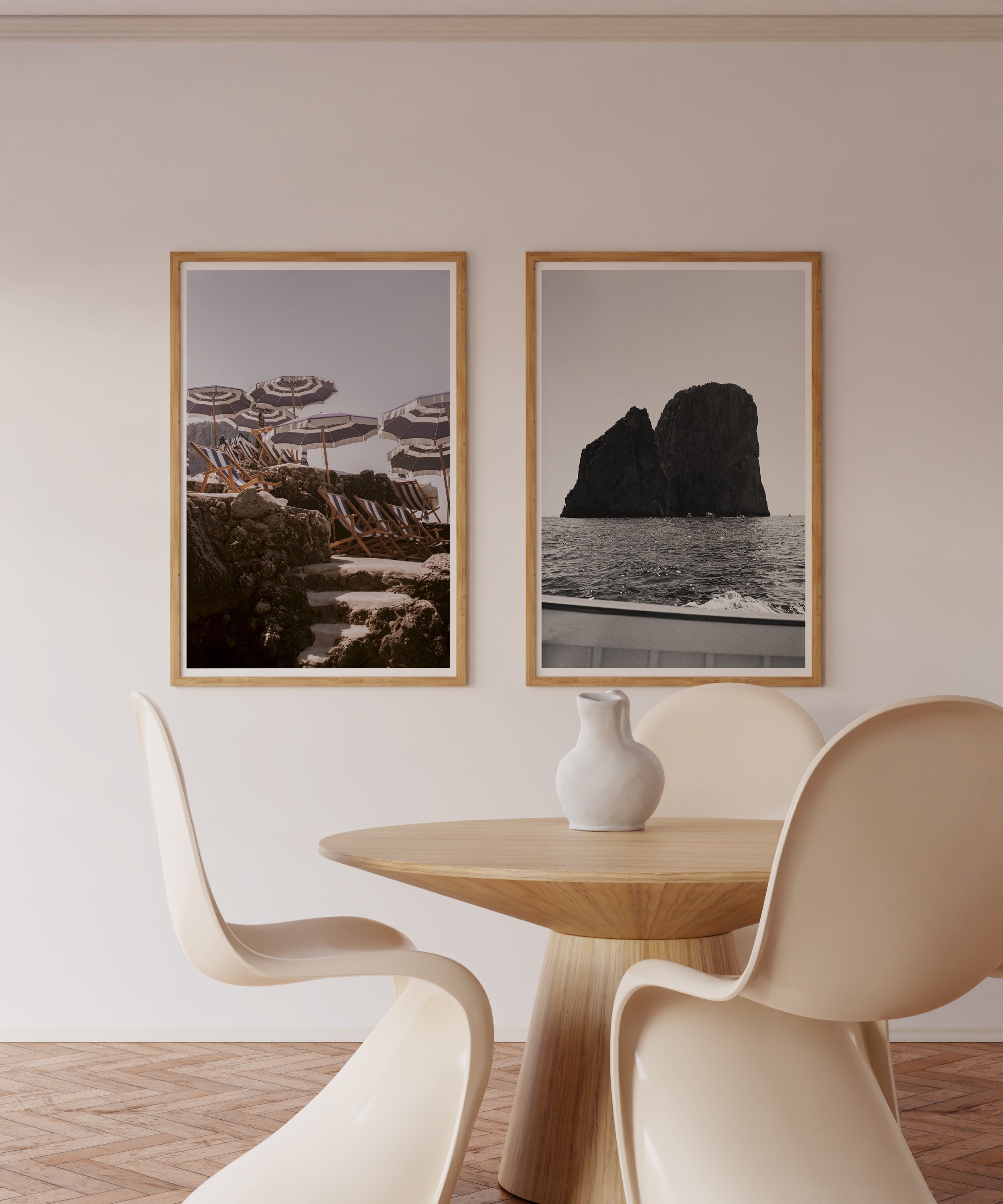 Sara's 'La Fontelina 2' print and 'La Faraglioni' print framed in an aesthetic hallway.