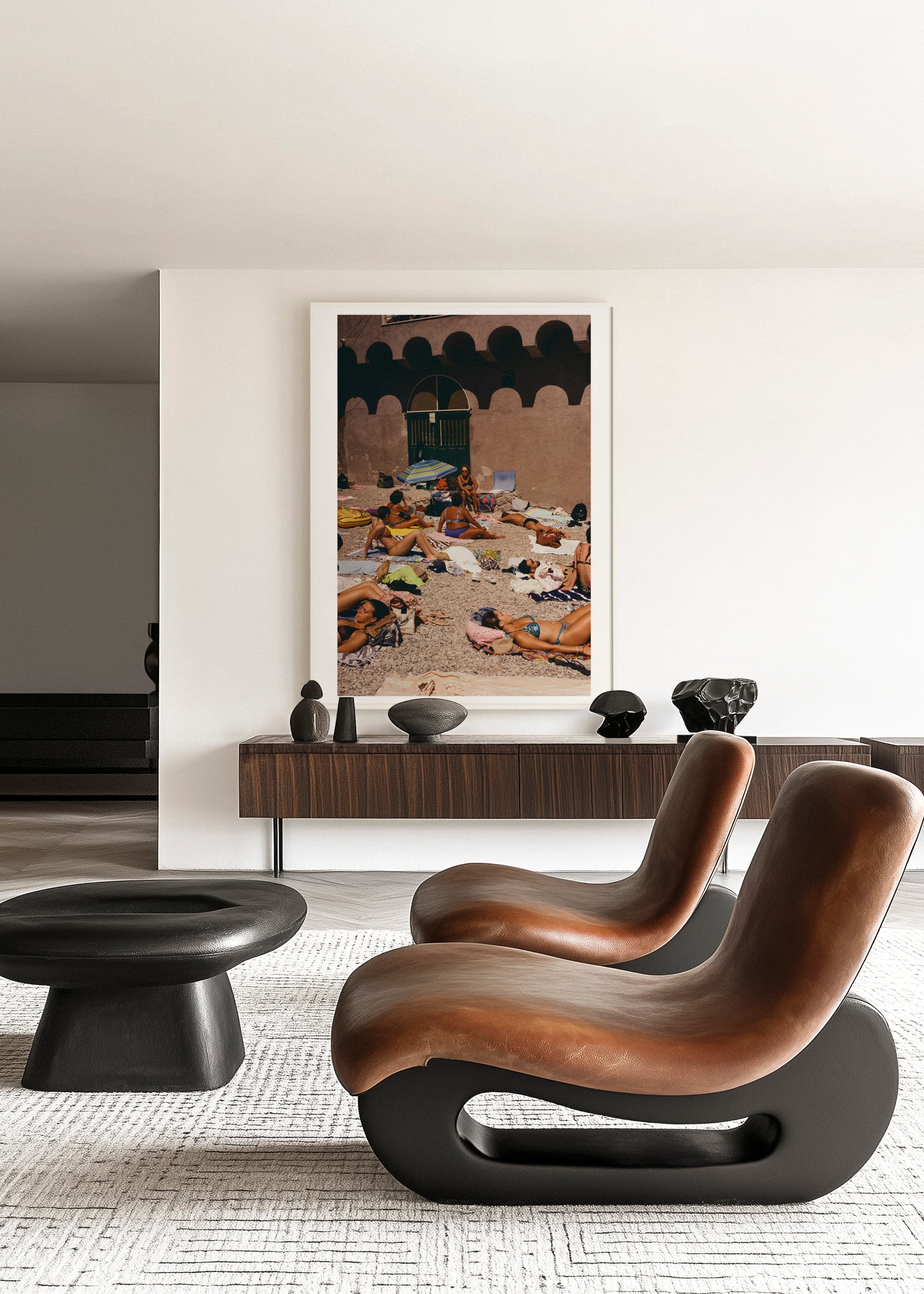 Sara's 'Sunbathe' print in a white frame styled in a living room.